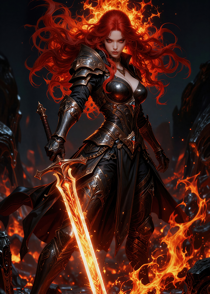 Fiery Warrior Woman with Sword