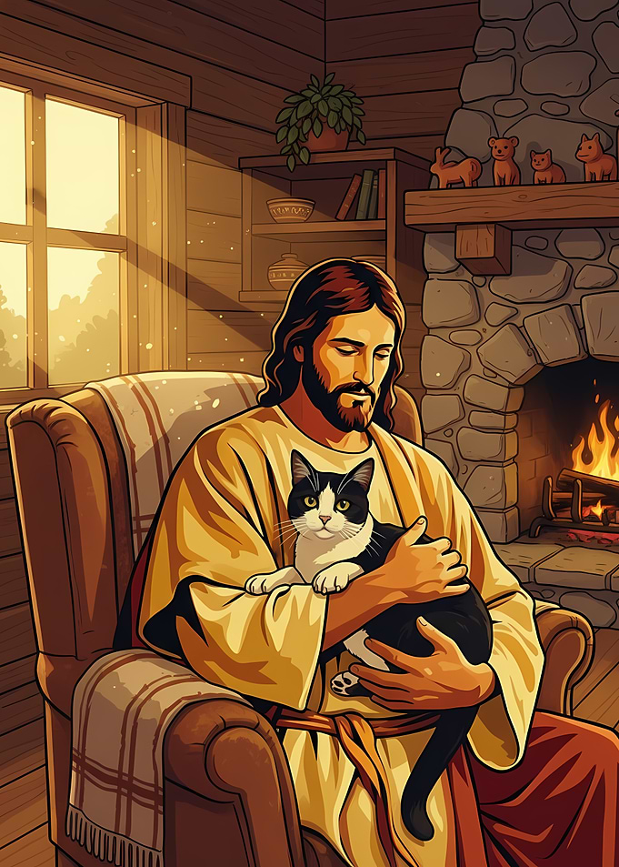 Jesus with Cat by Fireplace