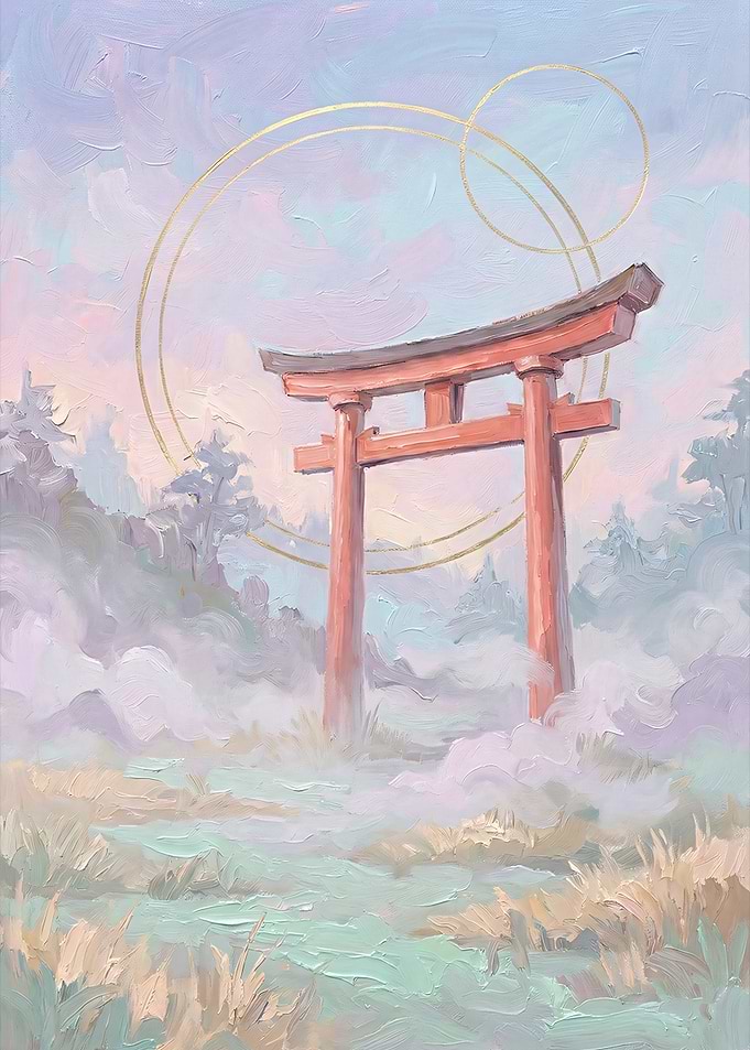 Japanese Landscape Pastel — Torii Gate in Morning Mist