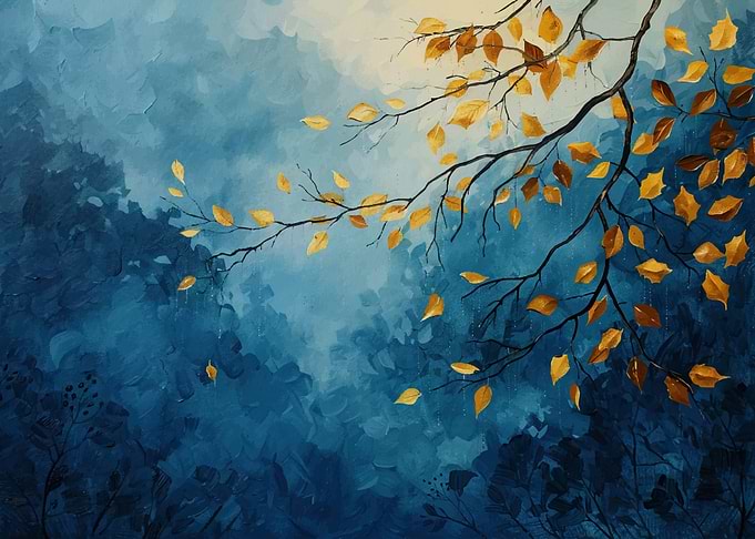 Autumn Leaves Painting on Blue Background