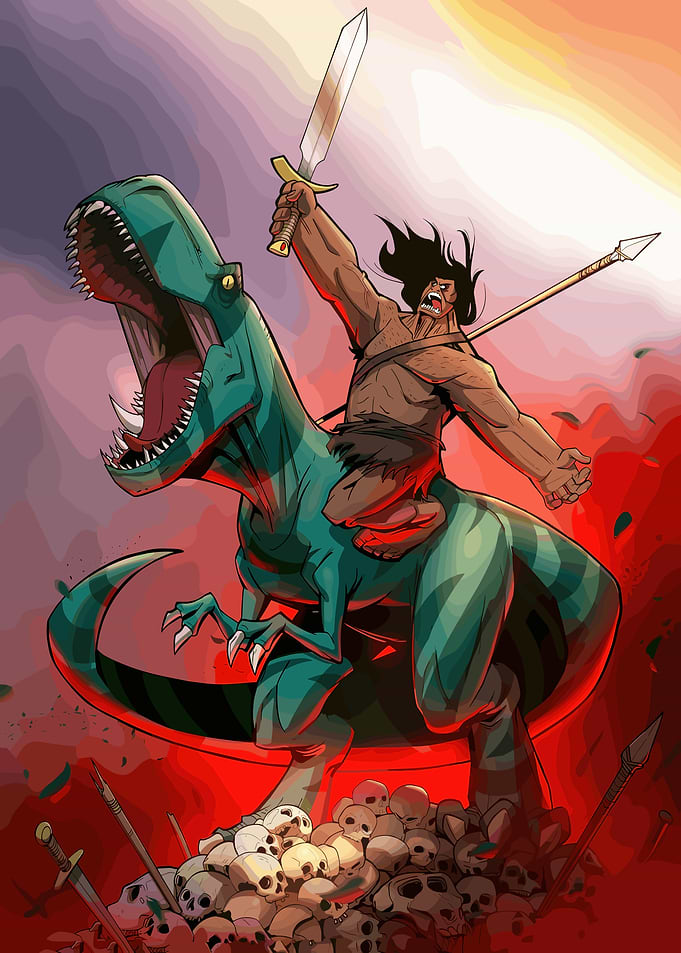 Warrior riding a dinosaur illustration