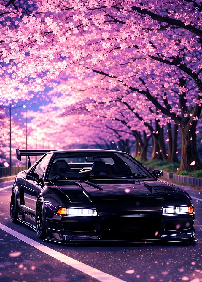 Black Car Under Cherry Blossom Trees