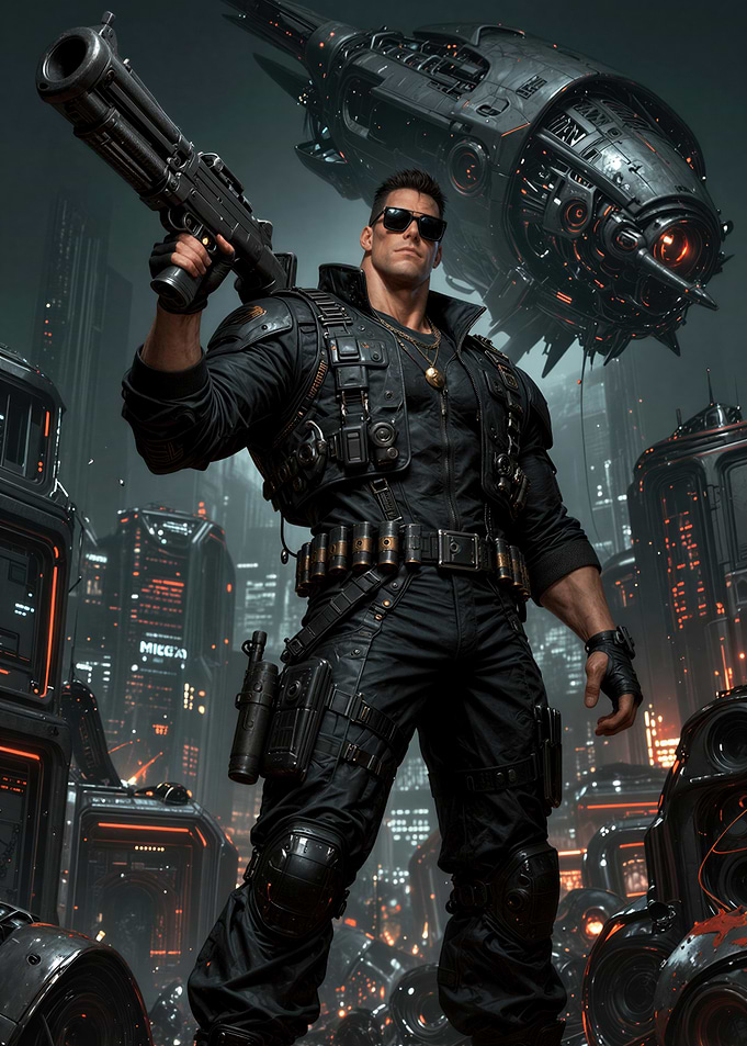 Cyberpunk Soldier with Gun in Cityscape