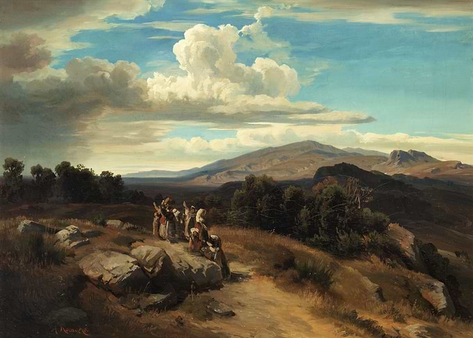 Landscape painting with figures and mountains