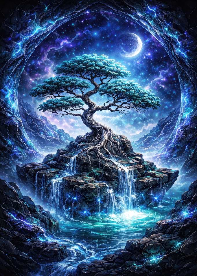 Mystical Tree Island Waterfall Nightscape