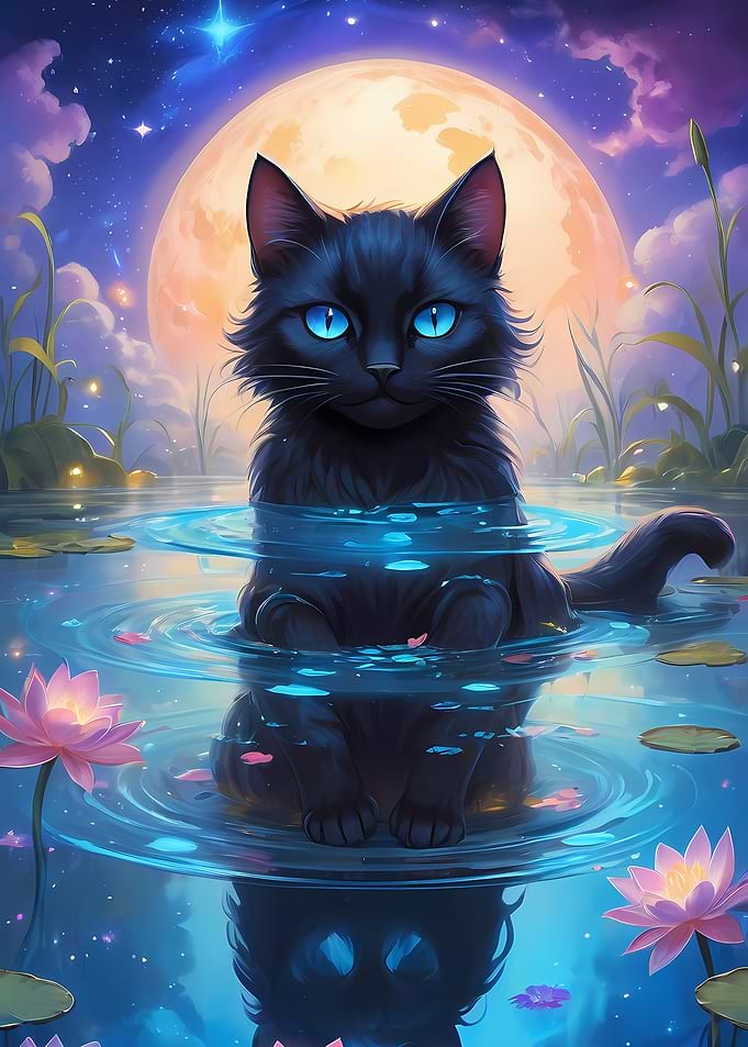 Black Cat in Water with Moon