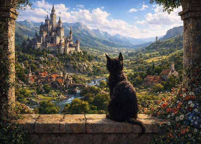 Silent Cat overlooking a medieval landscape