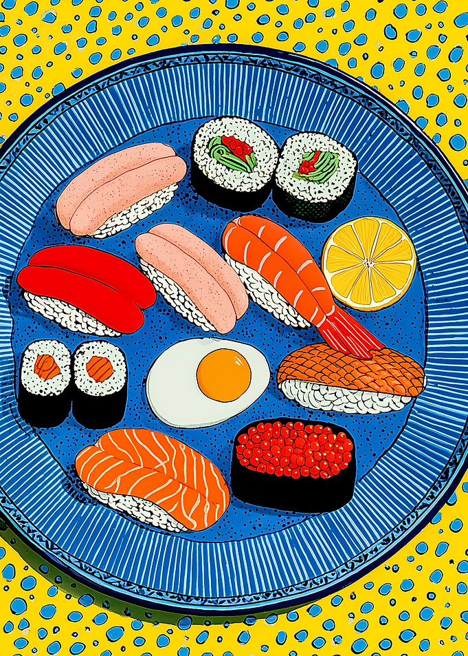 Sushi and Egg on Blue Plate