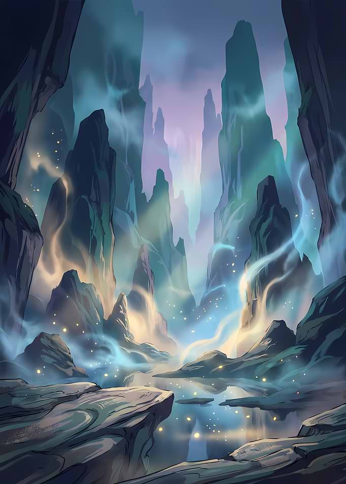 Mystical Fantasy Landscape with Glowing Mist