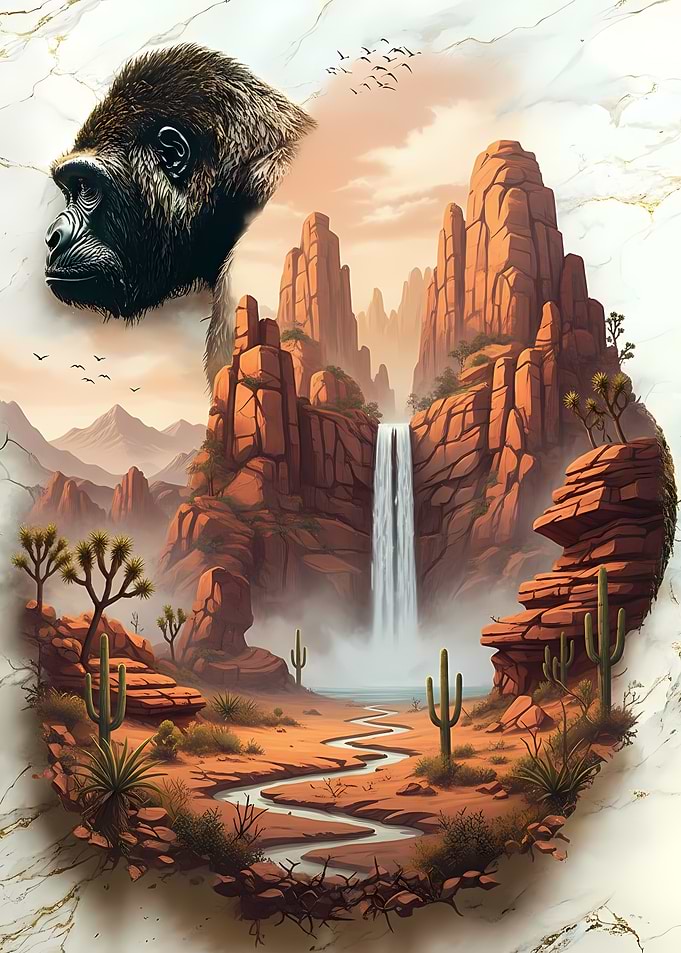 Gorilla and Desert Landscape Art