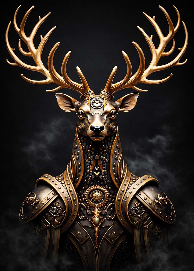 Steampunk Stag – Mechanical Deer with Golden Antlers
