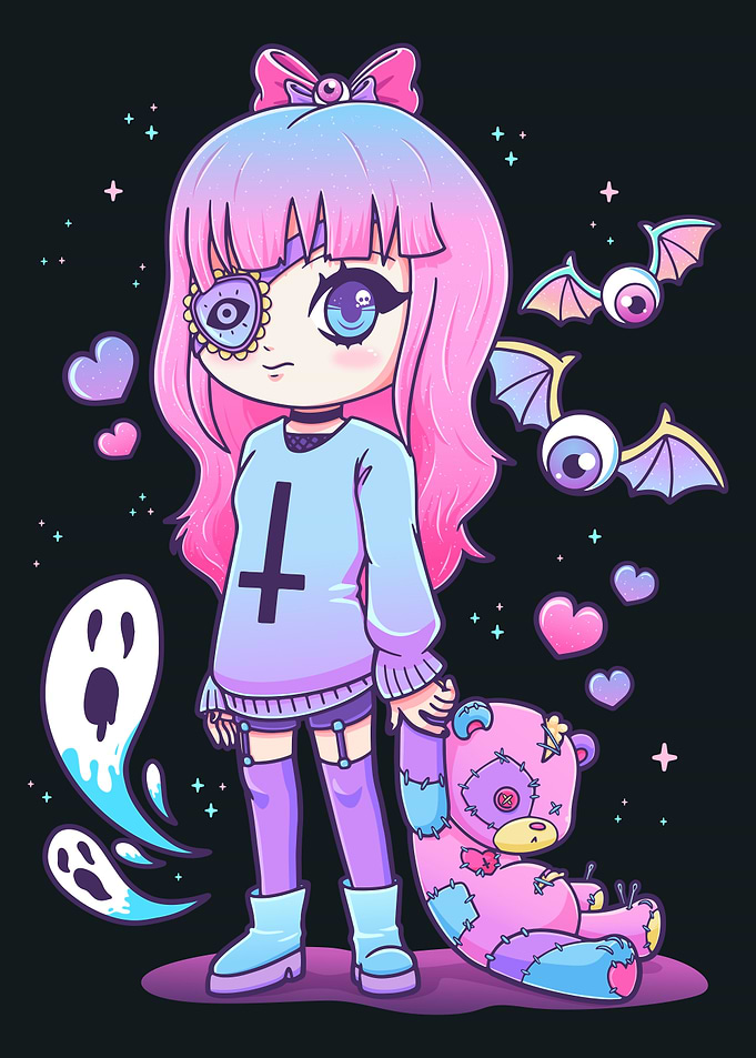 Pastel Goth Girl with Teddy Bear