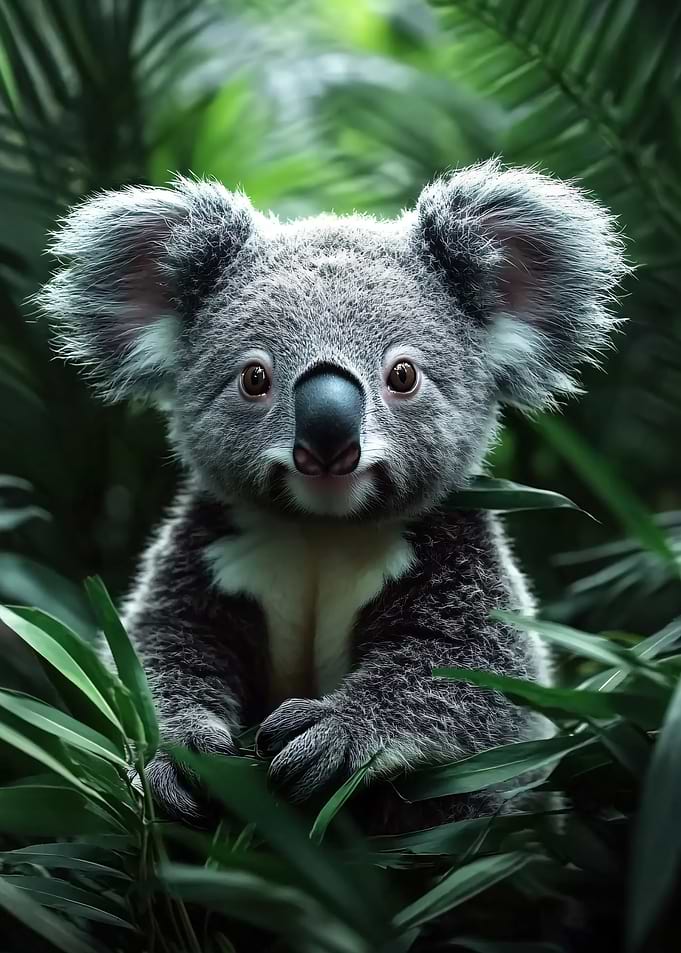 Cute Koala Portrait in Lush Foliage