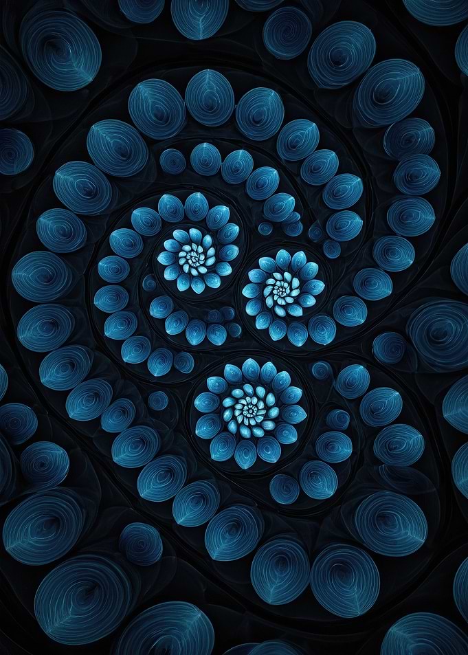 Blue Fractal Blossom Spiral — Abstract Digital Floral Pattern