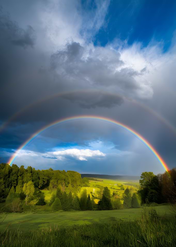 Double Rainbow Over Green Landscape