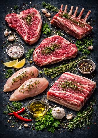 Raw Meat Assortment with Herbs and Spices