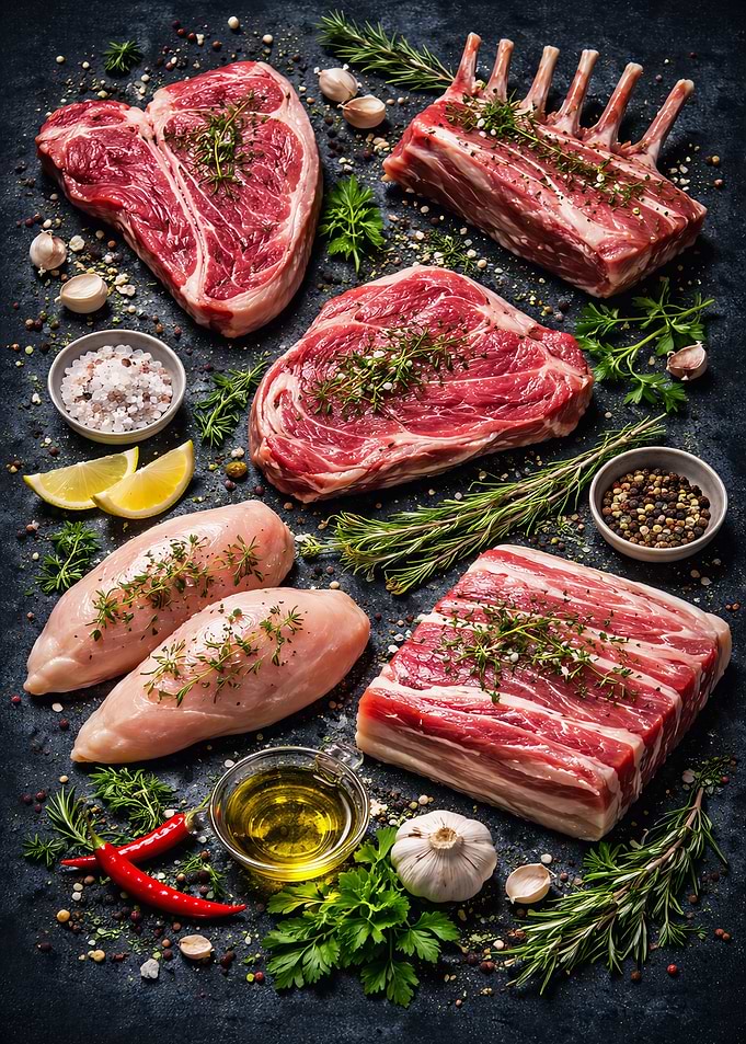 Raw Meat Assortment with Herbs and Spices