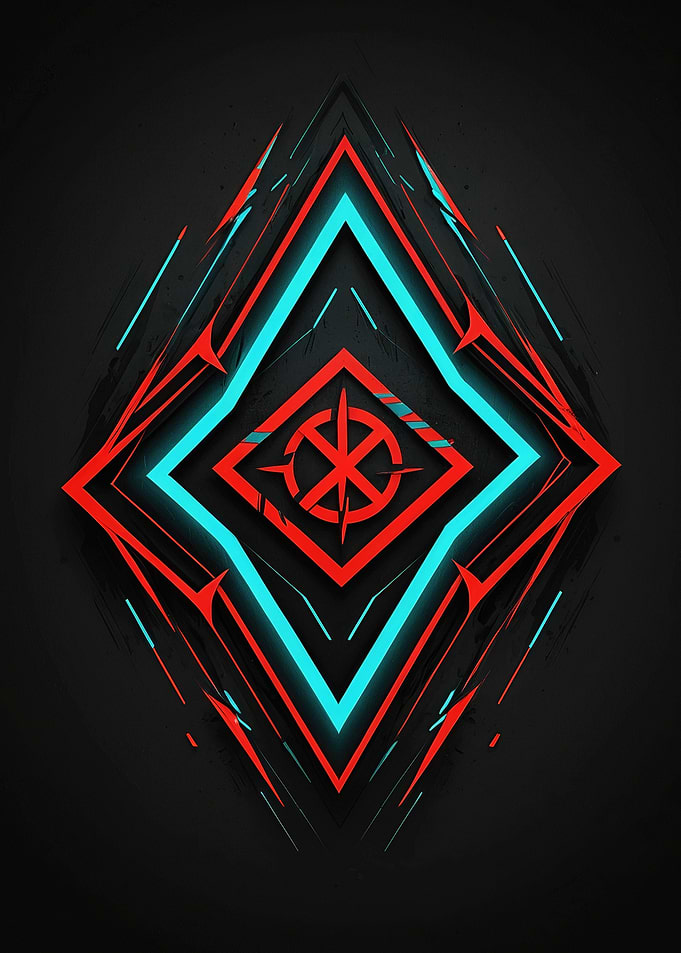Futuristic Neon Diamond Emblem — Cyan & Red Geometric Digital Art