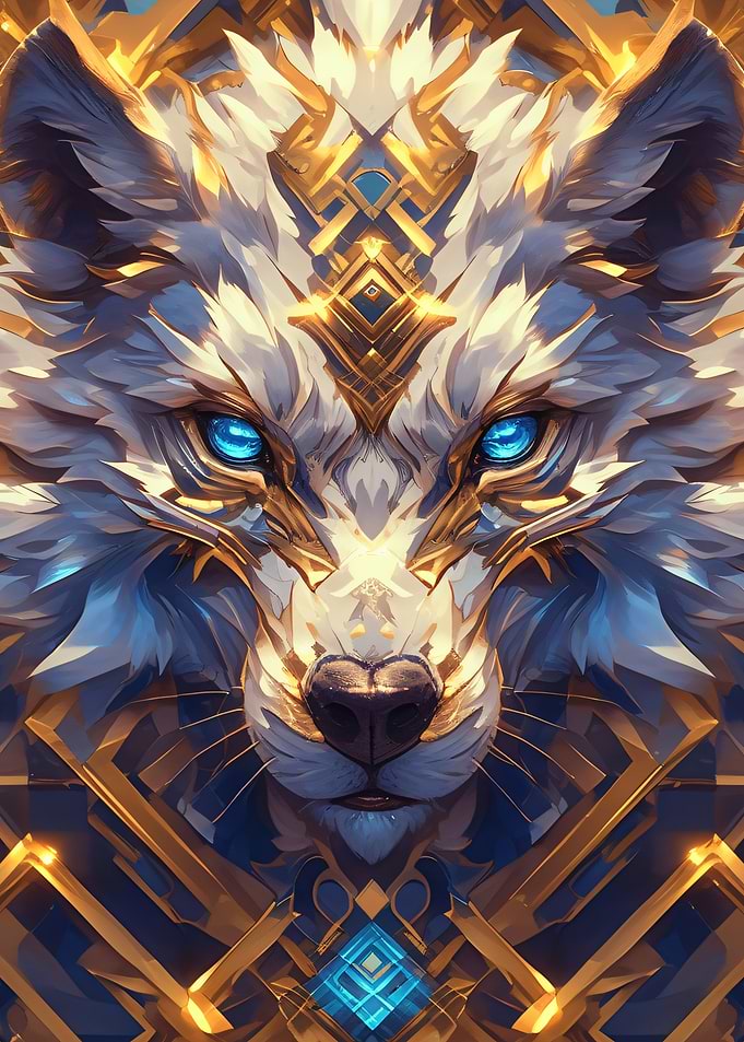 Golden Wolf Portrait with Blue Eyes