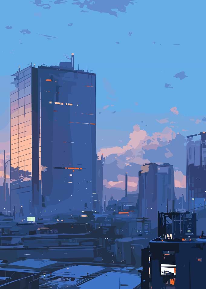 Cityscape Digital Art with Blue Tones