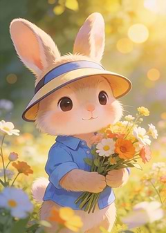 Cute Bunny with Flowers in Meadow