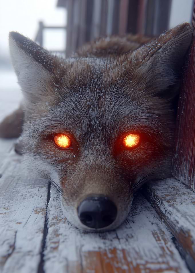 Fox with Glowing Eyes in Winter