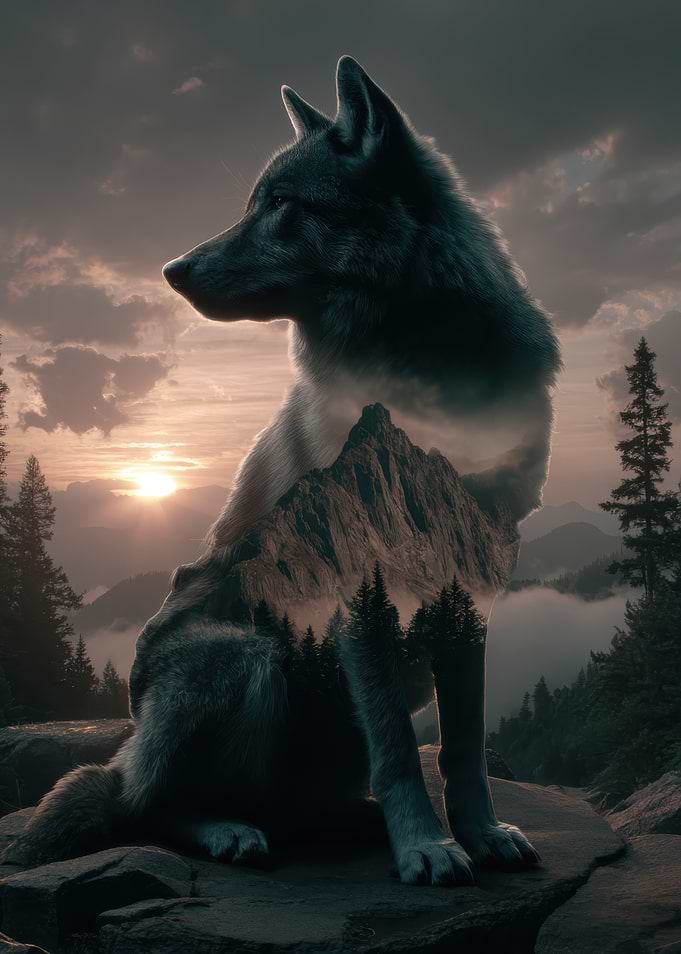 Wolf and Mountain Double Exposure