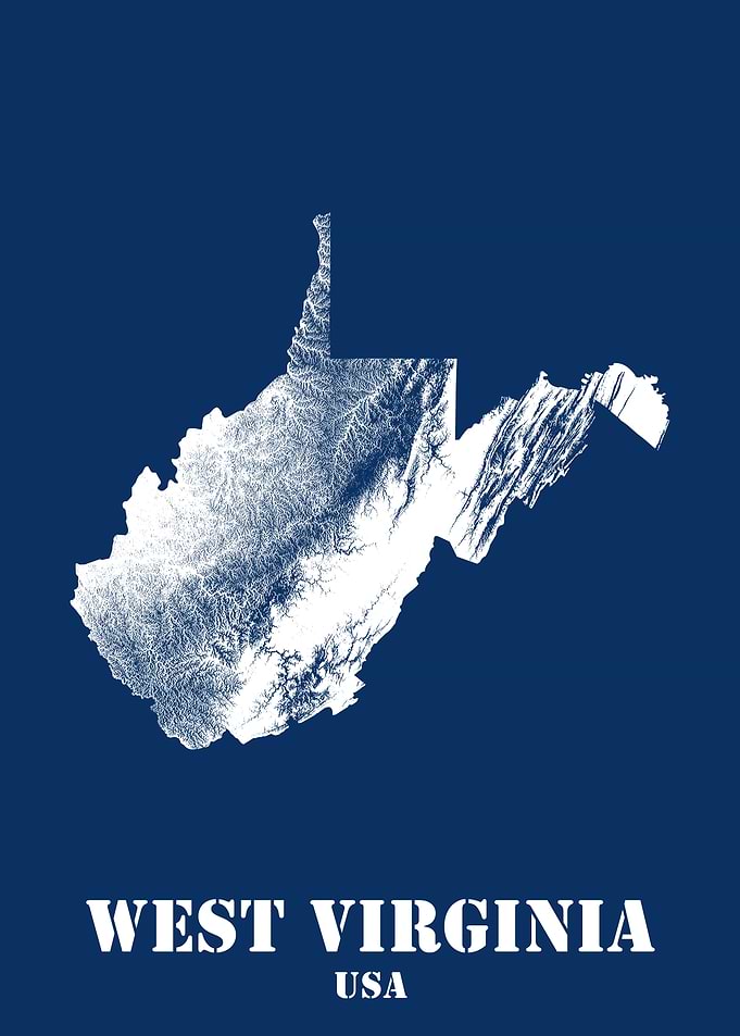 West Virginia USA State Minimalist White Topographic Contour Map featuring terrain on navy blue background