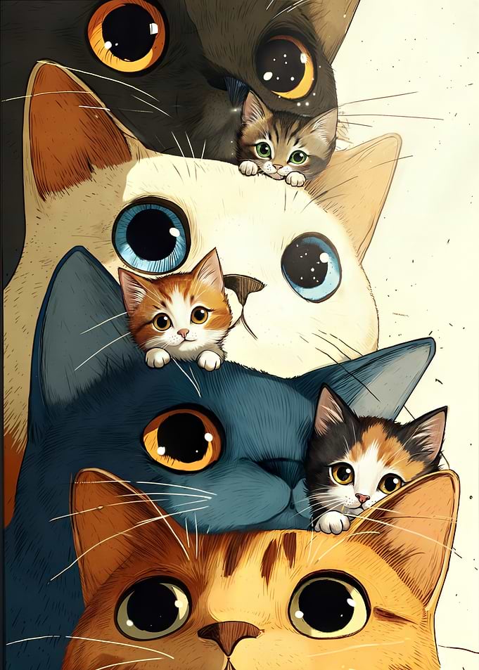 Stacked Cats with Kittens Illustration