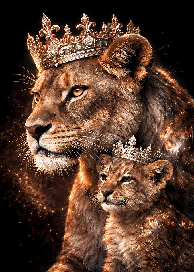 Lioness Animal Motherhood - Royal Rose Gold & Silver Luxury Wall Art
