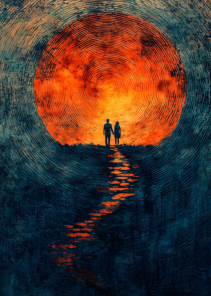 Couple Walking Towards a Fiery Sunset