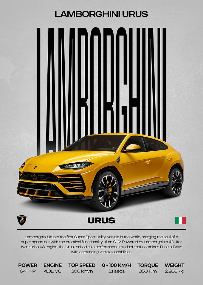 Lamborghini Urus Yellow Car Poster