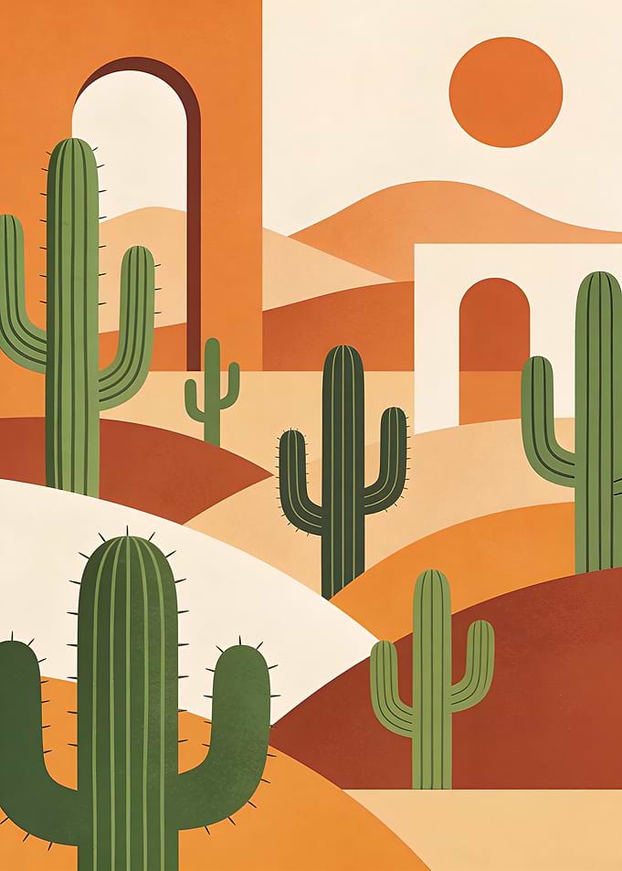 Desert Landscape with Cacti and Arches
