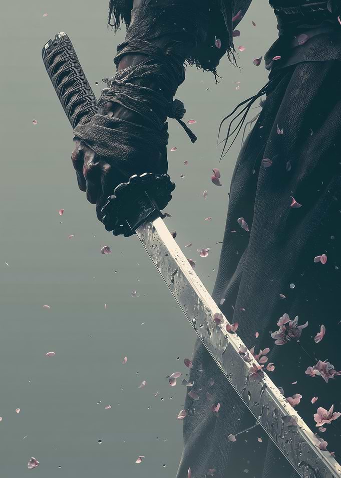 Samurai Sword with Falling Cherry Blossoms