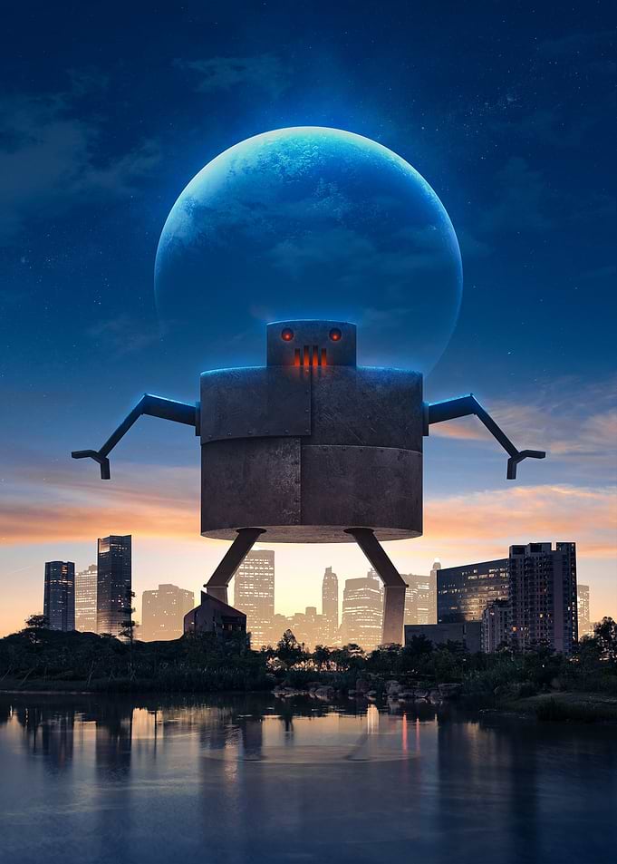 Robot over Cityscape with Planet