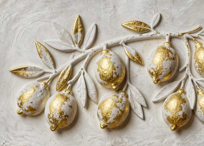Golden Lemons on White Textured Background