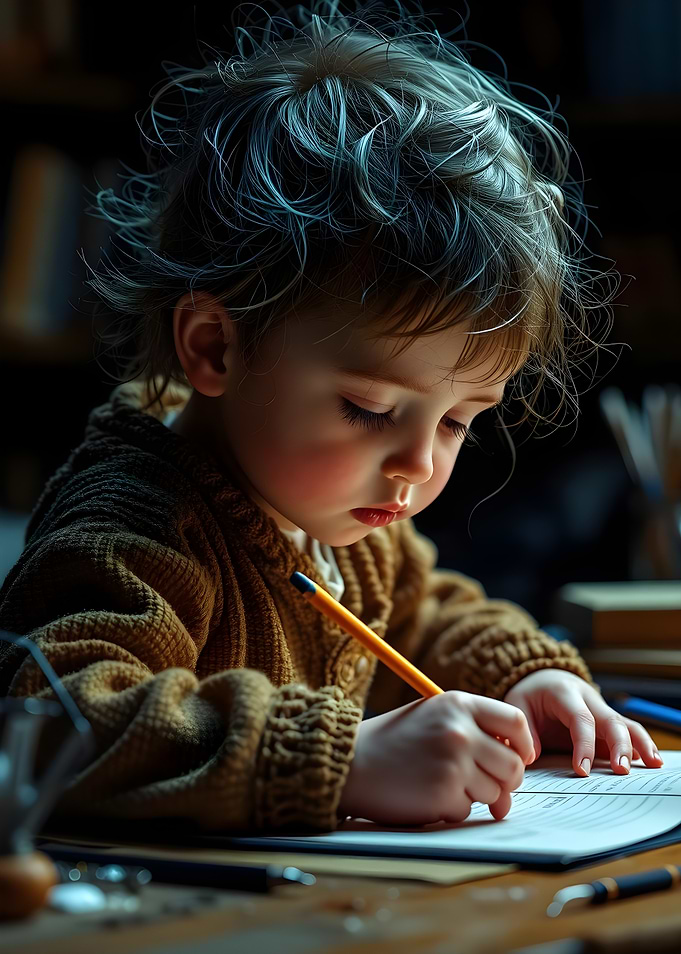 A beautiful Child Focused on Writing with Pencil
