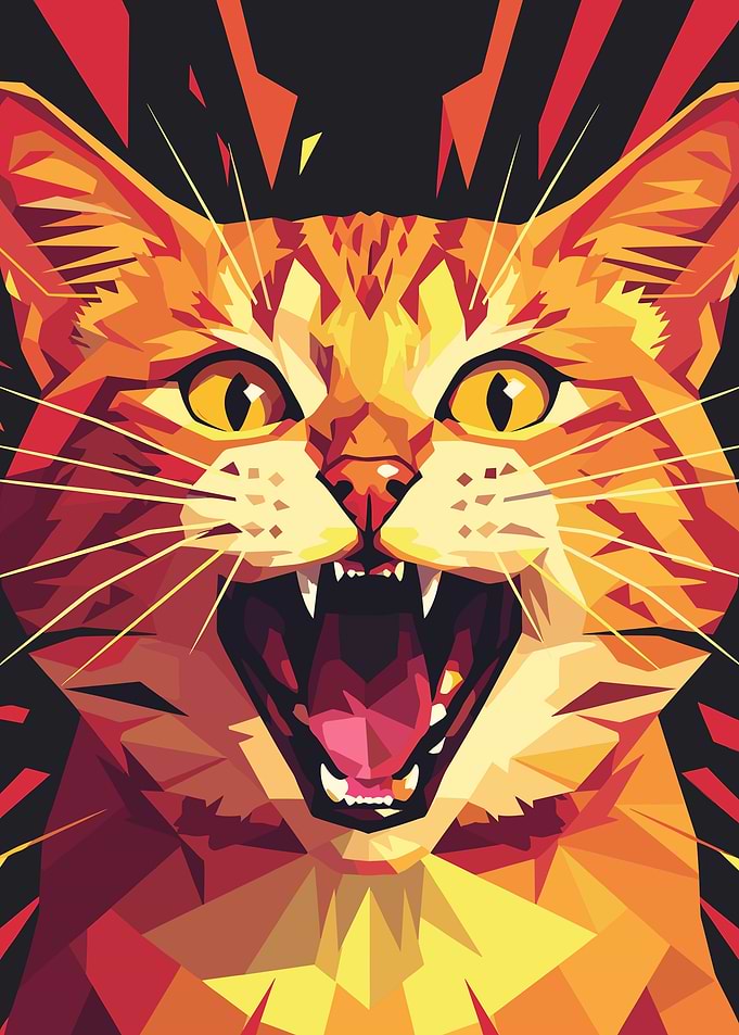 Geometric Cat Portrait with Open Mouth