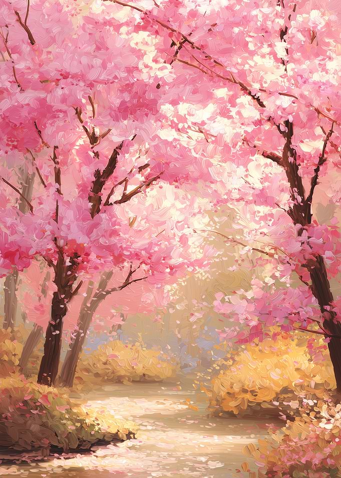 Pink Cherry Blossom Trees Painting
