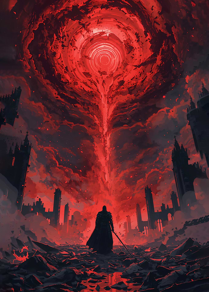 Dark Fantasy Warrior in Ruined City