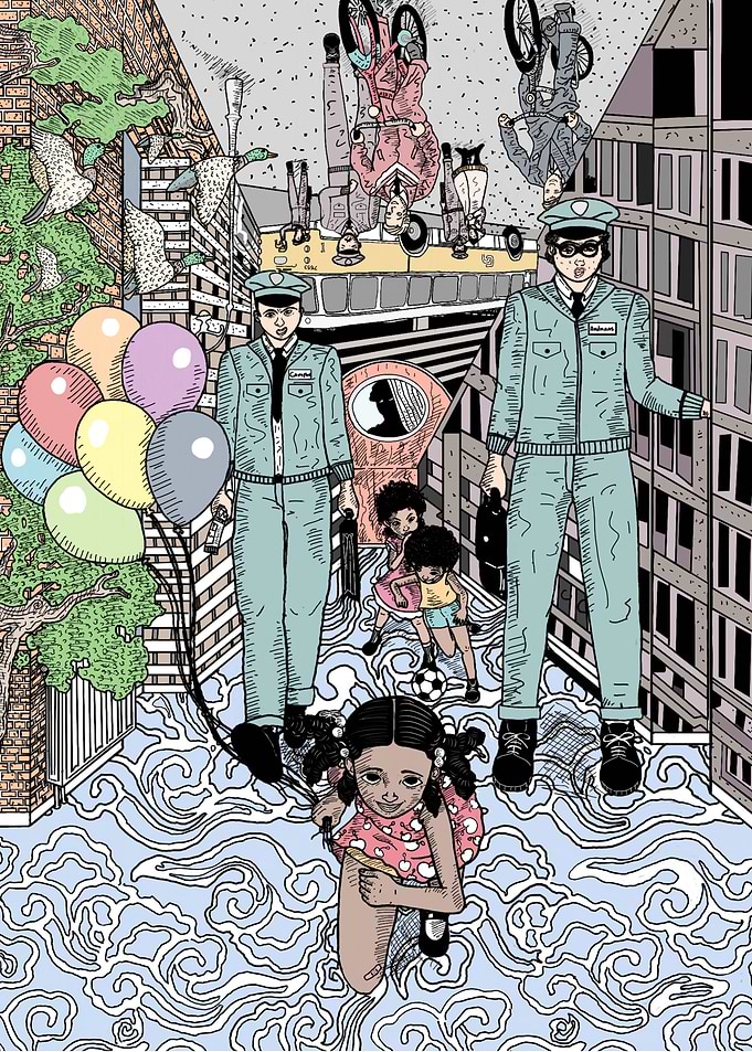 Surreal Urban Scene with Children and Guards
