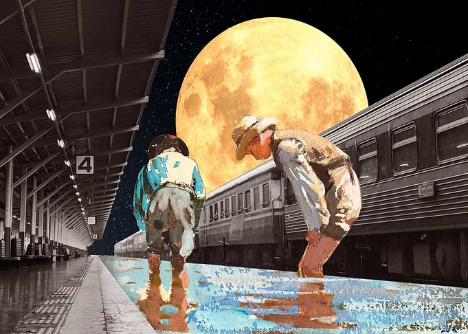 Surreal Train Station with Moon