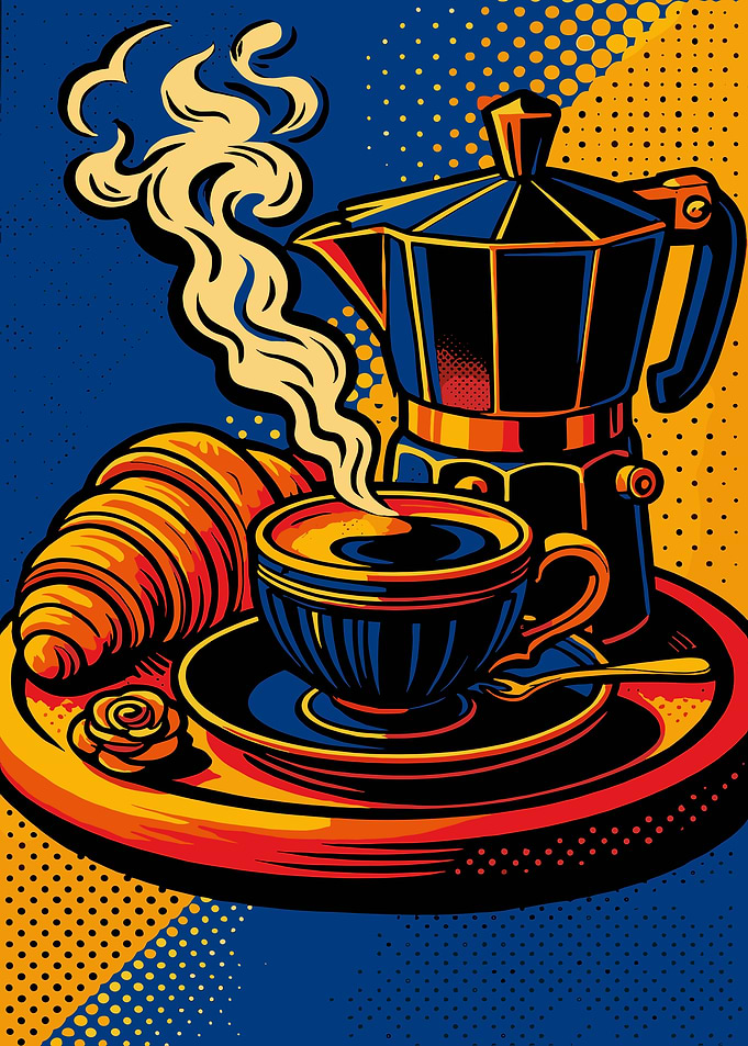 Coffee, Croissant, and Moka Pot Still Life
