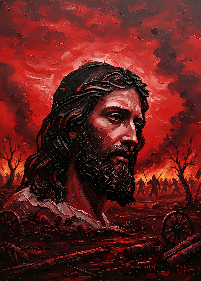 Jesus Christ in a fiery landscape