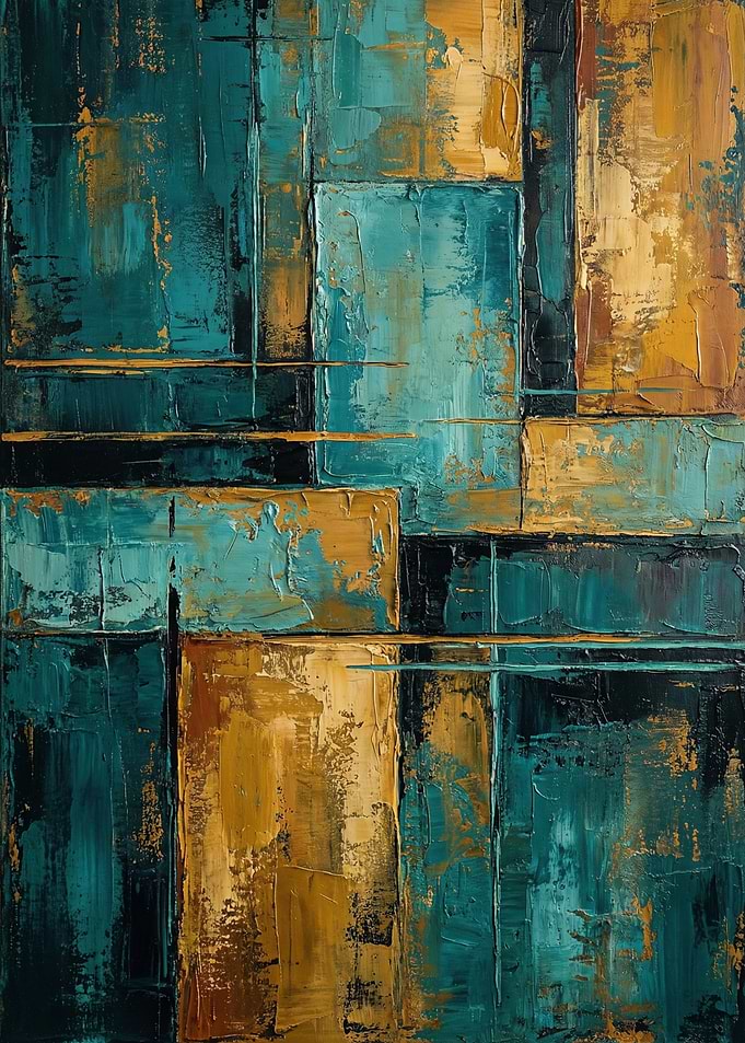 Abstract Teal and Gold Block Painting