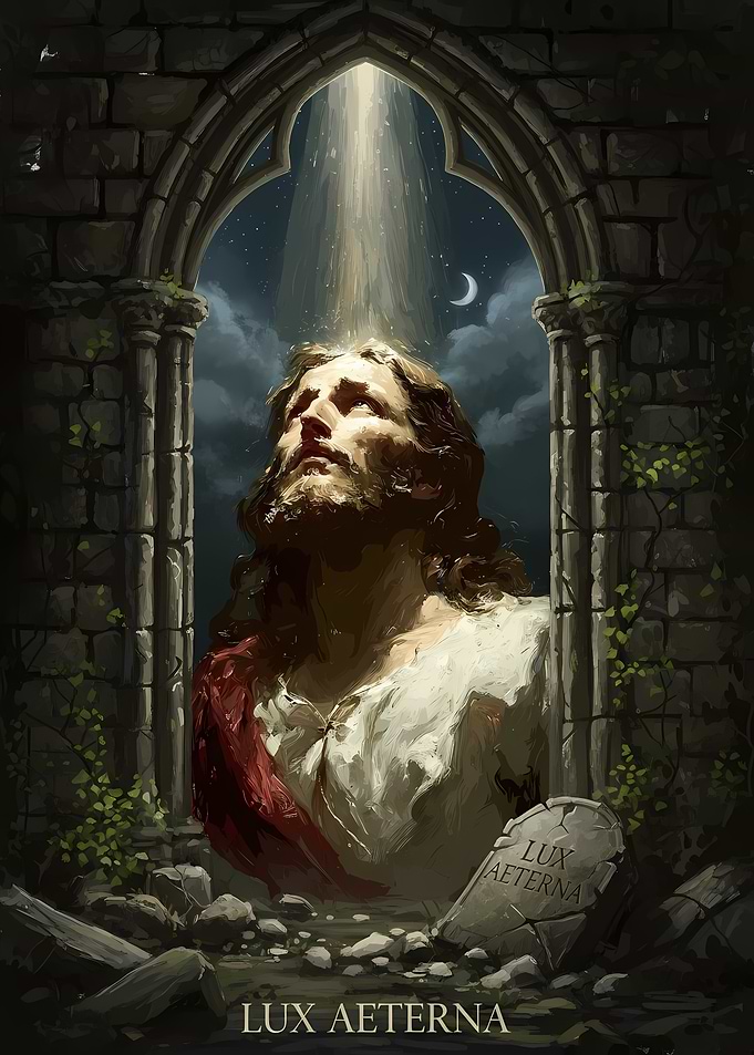 Lux Aeterna: Religious Figure in Stone Arch