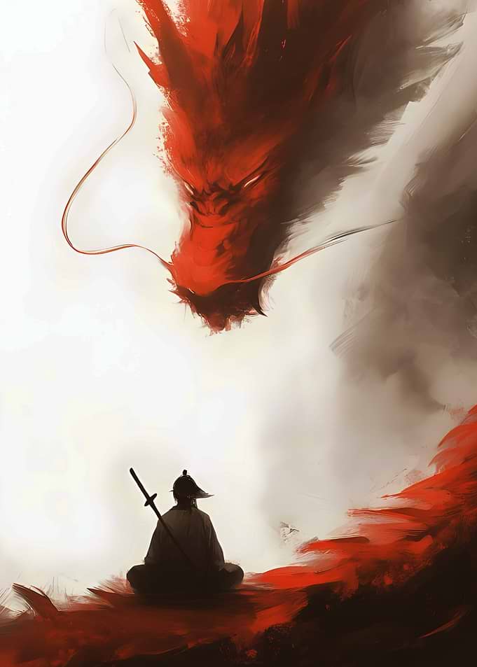 Samurai and Red Dragon Confrontation Art