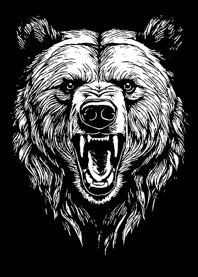 Roaring Bear Head Black and White