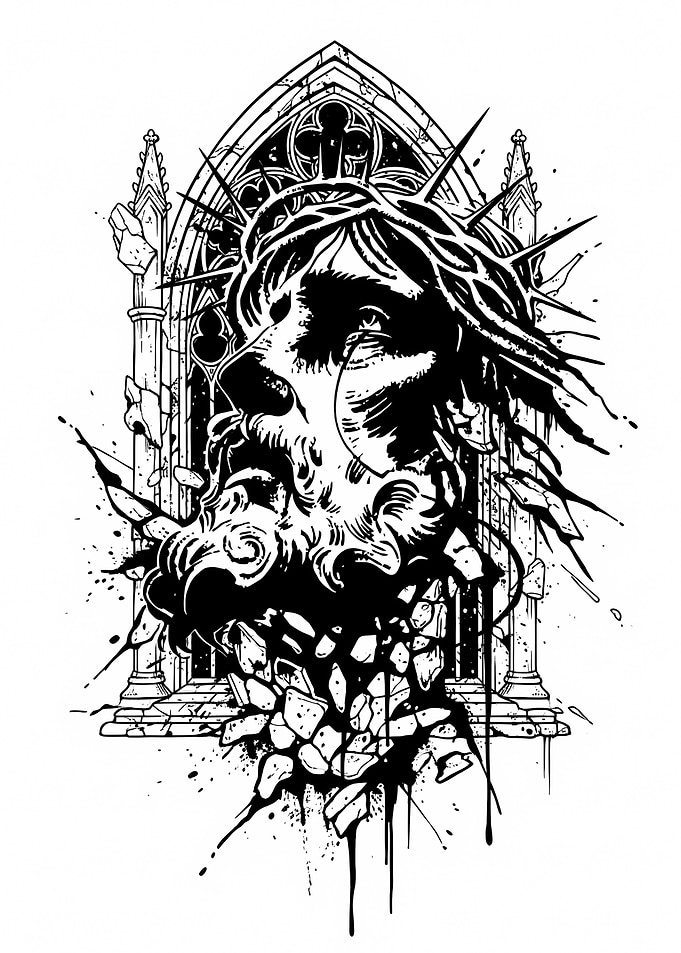 Jesus Christ monochrome illustration with crown