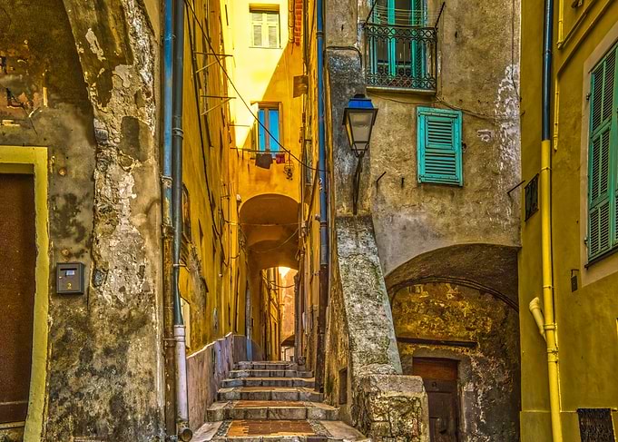 Menton France Old Town Narrow Street Pastel Houses Stone Steps Mediterranean Village Charm